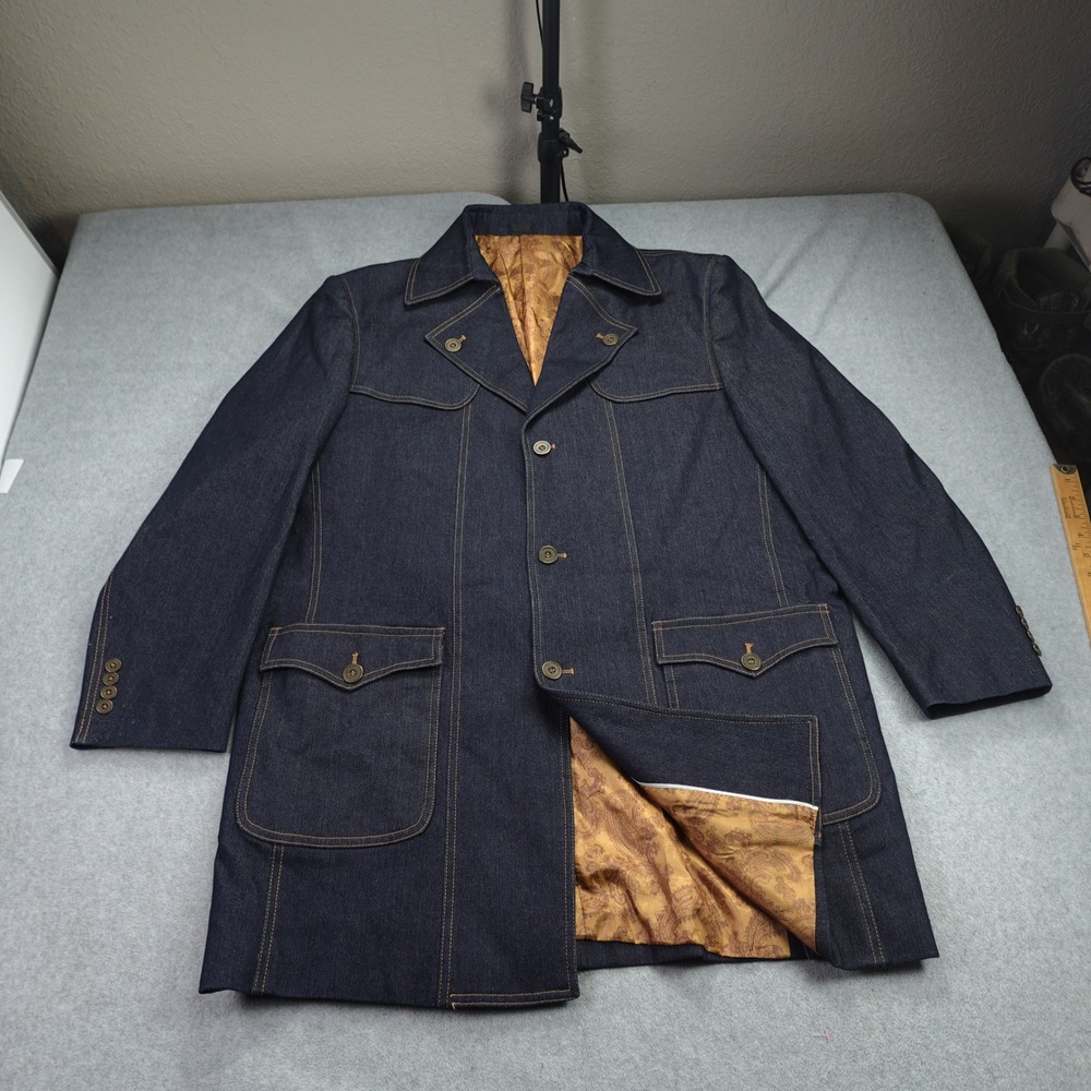 Bruno Rossetti Jacket Mens 48L Blue 70s Paisley Lined Car Coat Denim Italy
